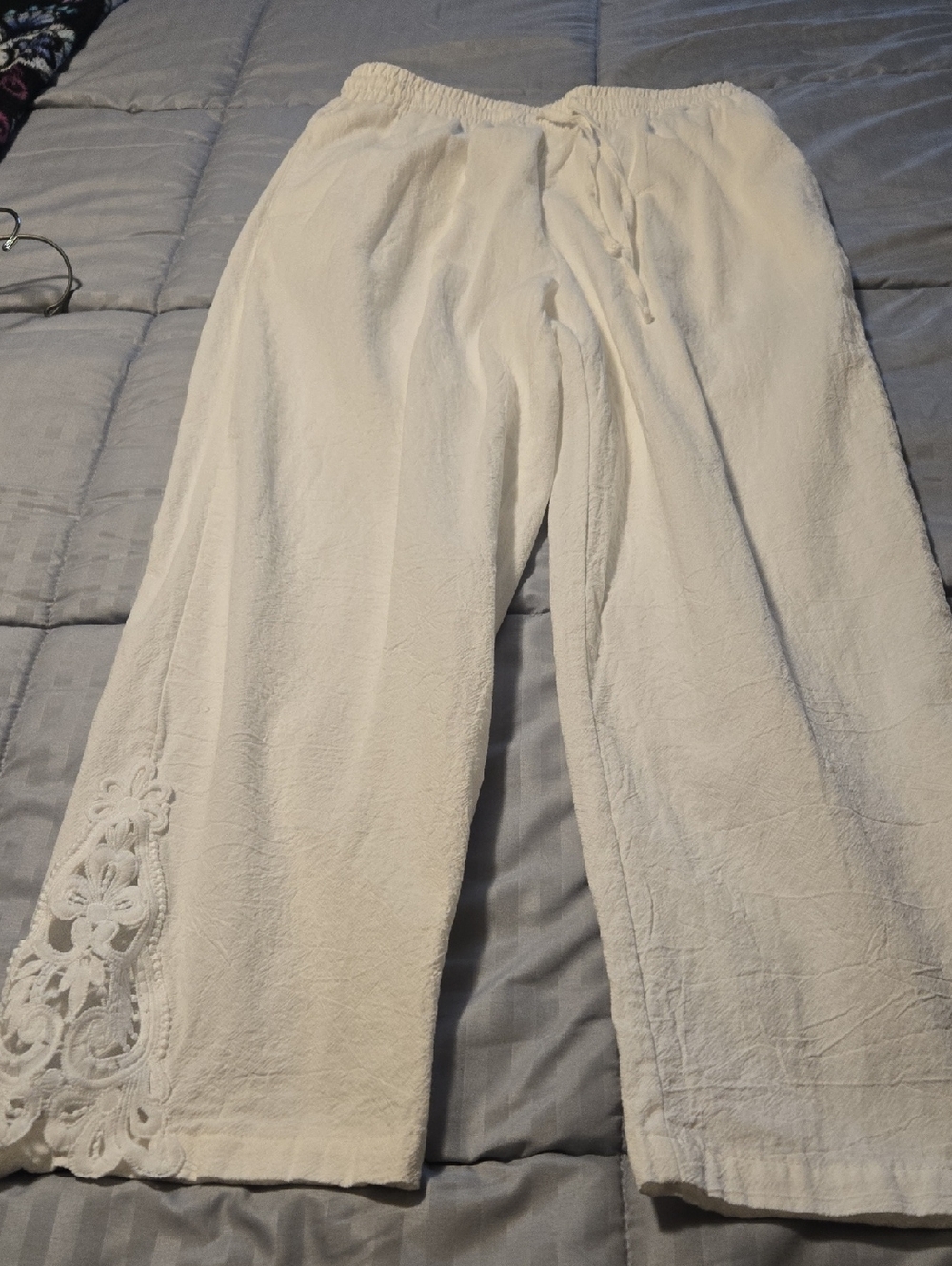 Wide Leg Crochet-Trim Linen Blend Pants - White